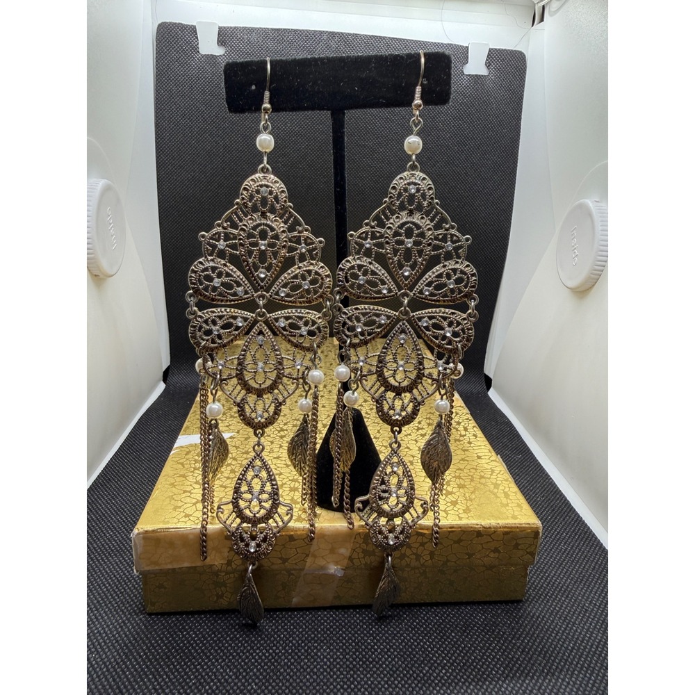 Boho Filigree Chandelier Earrings Gold Tone Rhinestone Pearl Leaf Dangle 6.5"